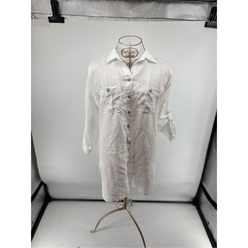 Chico’s 100% Linen Shirt White Button Front Roll Tab Sleeve Size 00